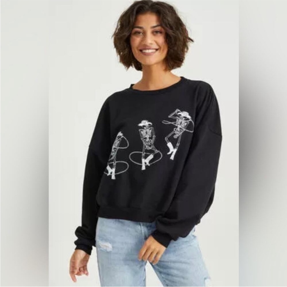 Altar’d State Black Skeleton Cowboy Rodeo Cropped Sweatshirt, Size L